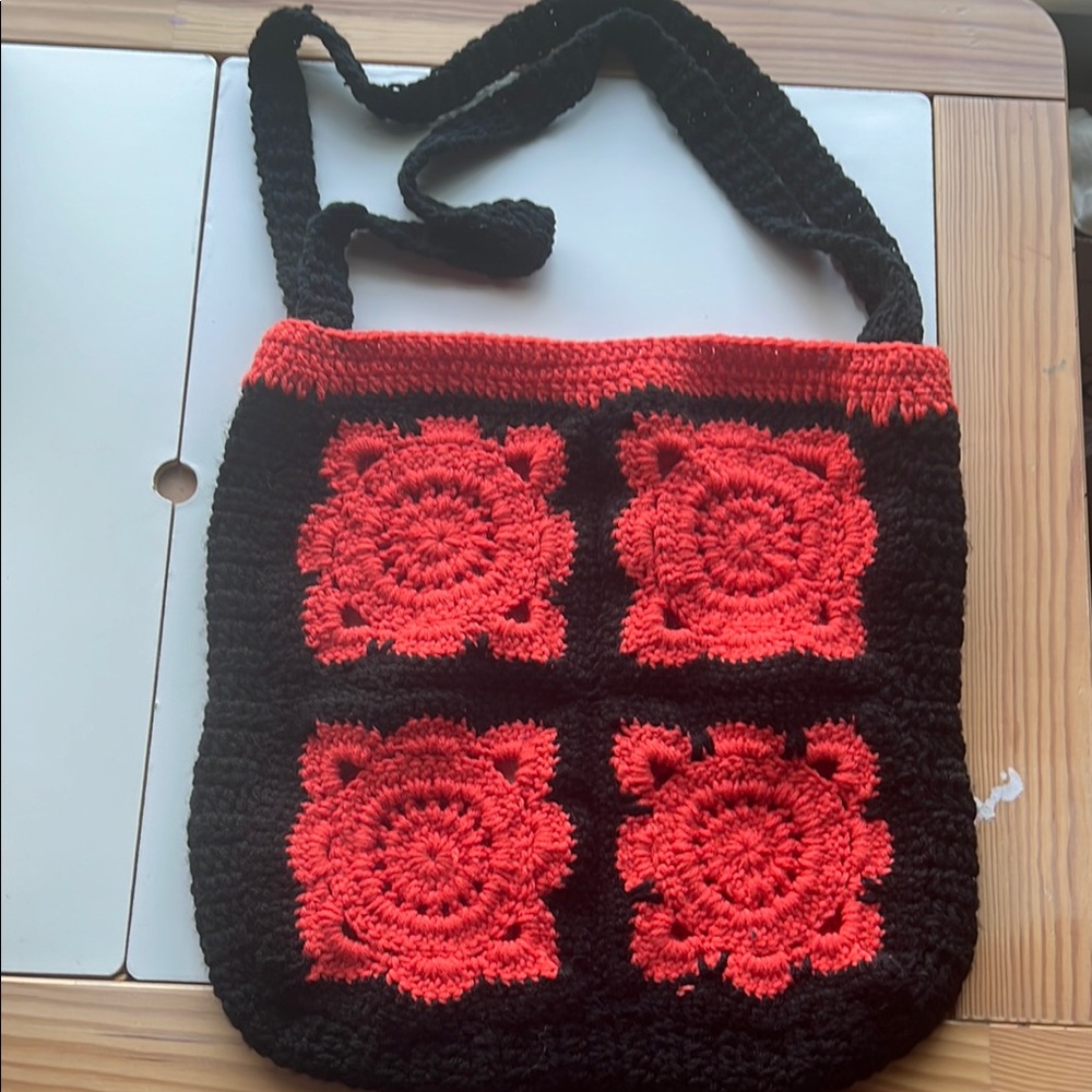 Handcrafted Black and Red Crochet Bag